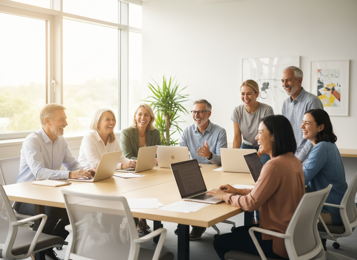 Grupo diverso de profesionales aprendiendo y colaborando alrededor de una mesa con computadores portátiles